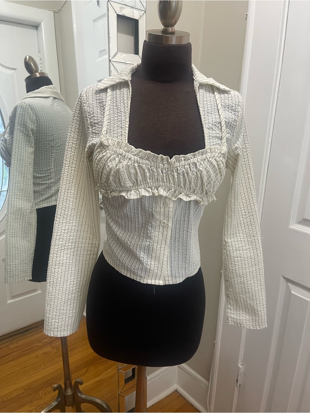 PrettyLittleThing Cream Striped Ruffle-Front Button Down Top